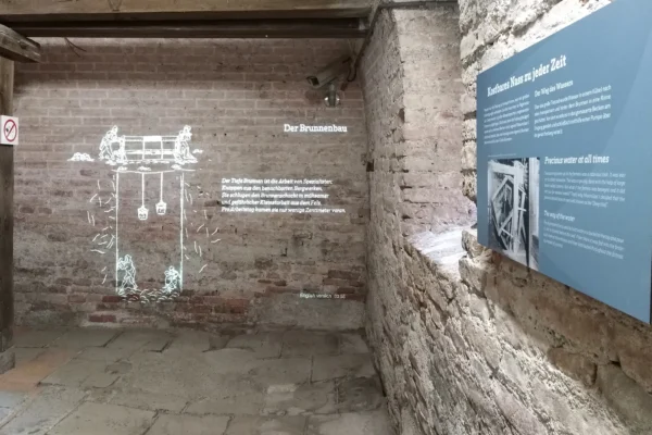 Brunnenraum mit Informationen zu "Der Brunnenbau" und "Kostbares Nass zu jeder Zeit"